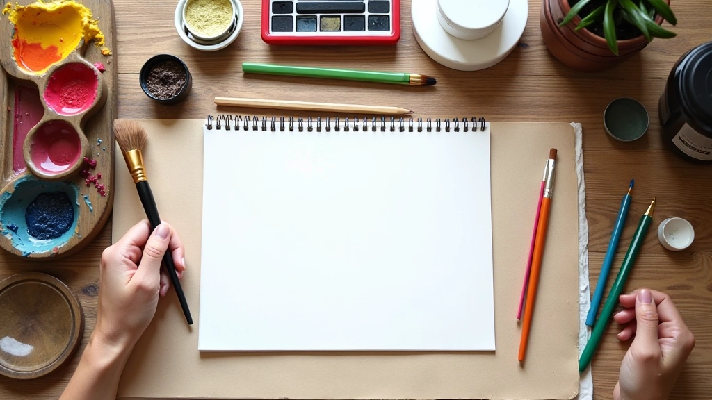 Různé umělecké materiály rozložené na stole včetně pastelek, tužek, papíru a štětců v přirozeném světle