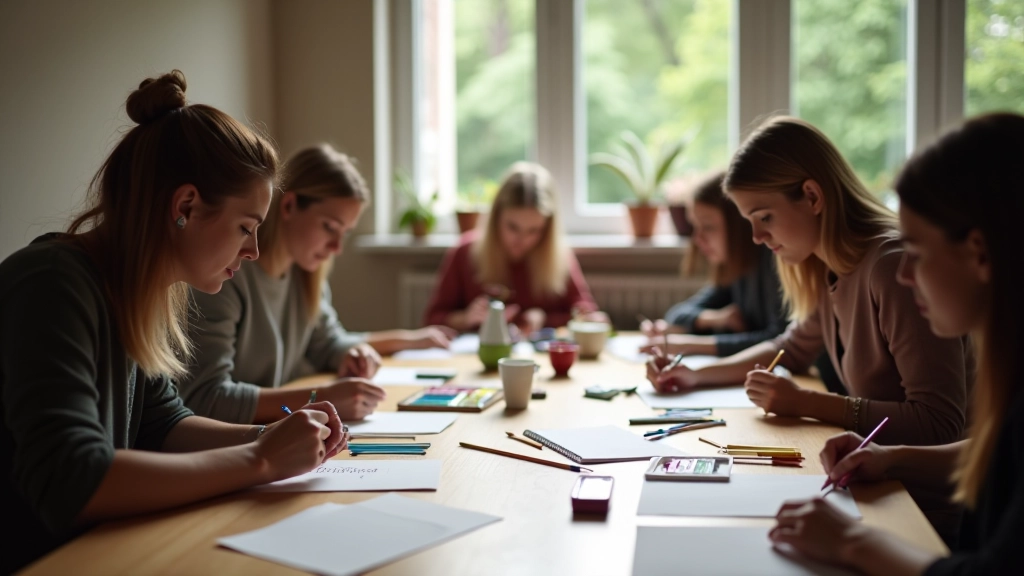 Umělecký workshop s účastníky pracujícími na svých kresbách v přirozeném osvětlení