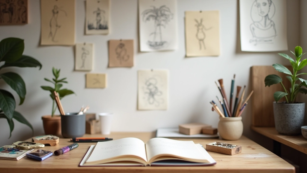 Osobní tvůrčí prostor s různými materiály, kresbami na zdi a otevřeným sešitem