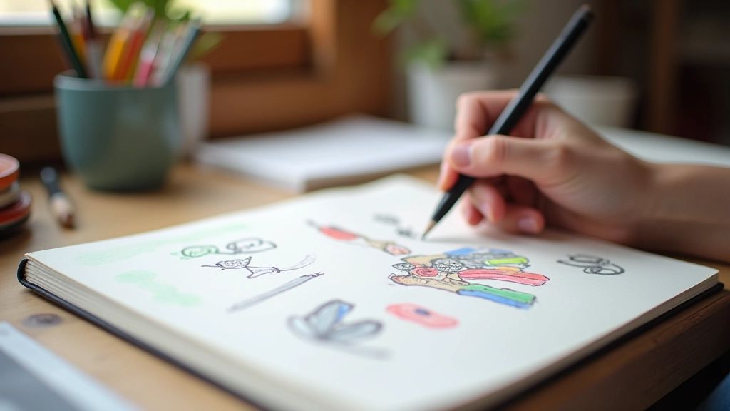 Blízký pohled na skicátor s různobarevnými tužkami a kresbami, osobní tvůrčí prostor