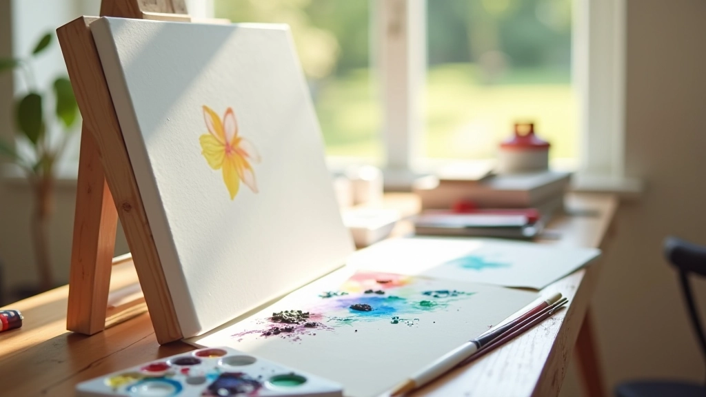 Malířské plátno se zbarvením a štětci připravenými k tvorbě v uměleckém studiu