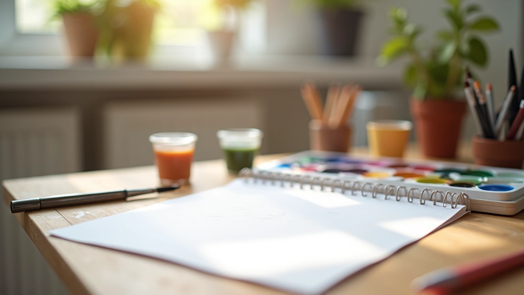 Tvůrčí prostor s rozloženými materiály — skicák, barvy, pero — připravený k práci