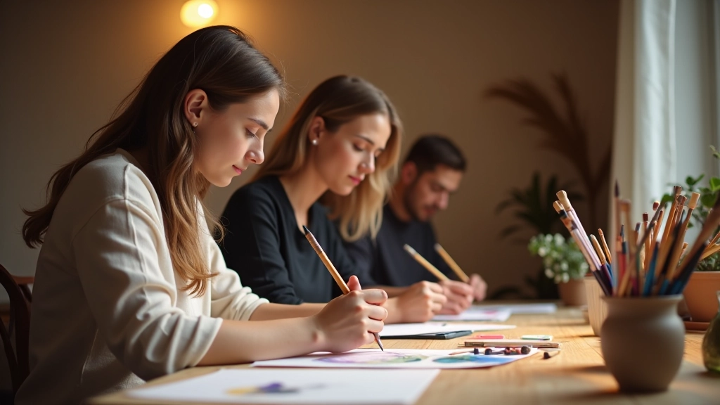 Tři osoby sedí okolo stolu a pracují na vlastních tvůrčích projektech v přátelském studiu