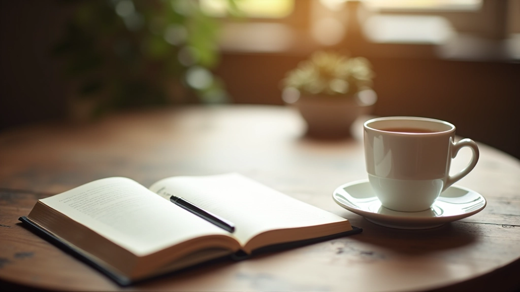 Otevřený deník s ručně psaným textem, pero a šálek čaje na dřevěném stole