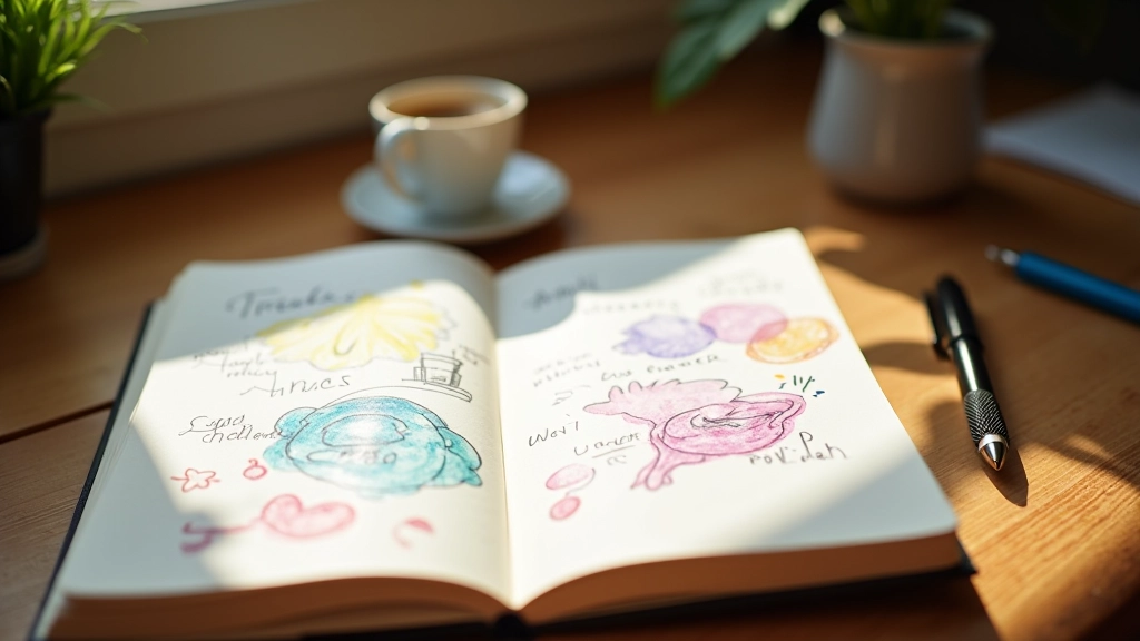 Otevřený sešit s rukopisnými poznámkami a barevnými skicami na psacím stole