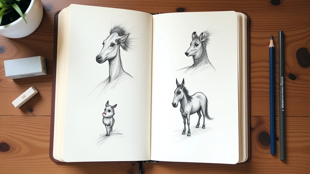 Skicář plný různých náčrtků a pokusů, někteří dobří, někteří méně, tužky a gumy poblíž, pořádek v neuspořádanosti