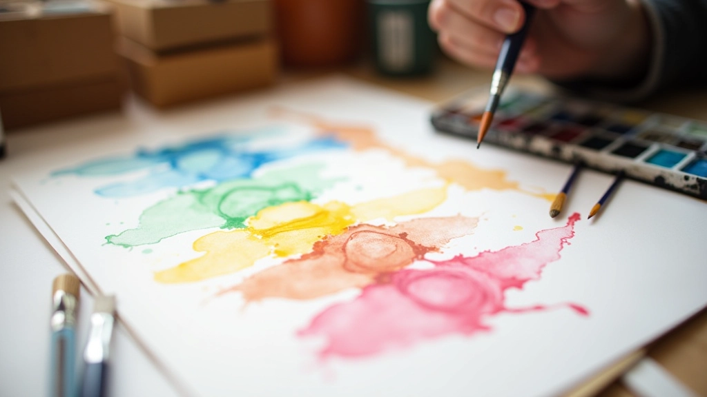 Paleta s vodovými barvami a štětci různých velikostí na bílém papíru, malířské studio