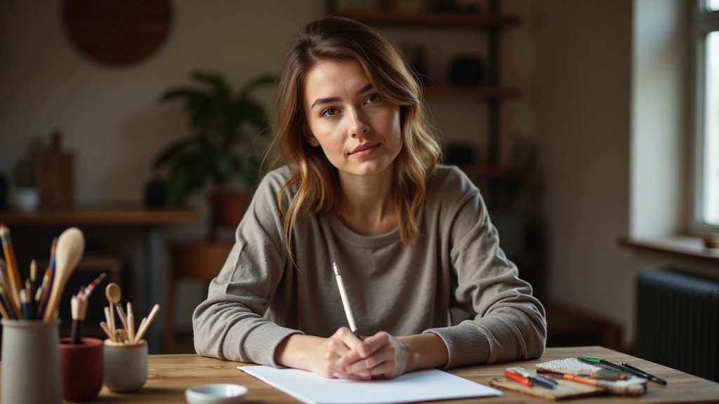 Osoba sedí u pracovního stolu s tužkami a papírem, příprava na tvůrčí práci v útulném prostředí