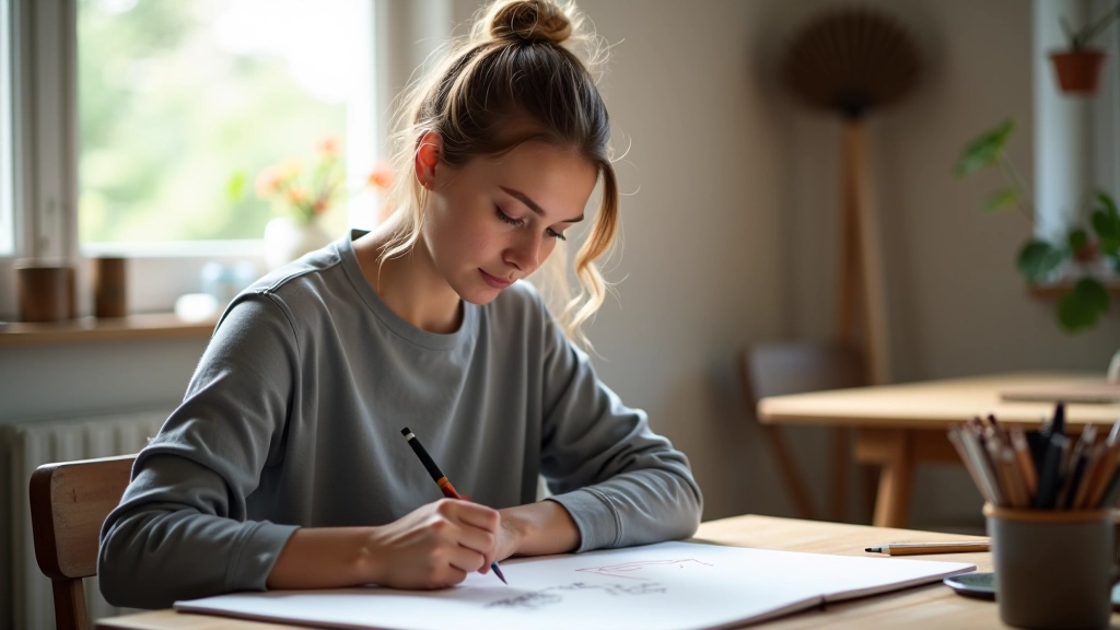 Umělkyně pracuje na kresbě s jemným výrazem, skicář a tužky kolem ní, přirozené denní světlo, žena ve studiu